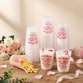 Tioncy 50 Pcs 16oz Lucky in Love Frosted Cups Bachelorette Party Plastic Cup Lucky in Love Plastic Cup, Las Vegas Bachelorette Reusable Bulk for Valentine Party Drink Supplies