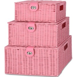 Honygebia Pink Wicker Storage Baskets - Set of 3 Decorative Nesting Boxes with Lids, Woven Basket with Lock & Handle, Organizer for Beauty Makeup Bathroom Decor