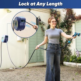 Tuzoc Retractable Garden Hose, Heavy Duty Wall-Mounted Hose Reel with 180° Swivel Bracket, Automatic Slow Return System with 10 Function Nozzle, Any Length Lock for outside Watering,Cleaning（50ft）