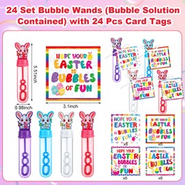 Rotatingpals 24 Sets/48 Pcs Easter Bubble Wands with Bubble Solution Gift Set Easter Bunny Bubble Wands and Gift Cards for Easter Party Favors Easter Basket Stuffers Prize Supplies Rewards