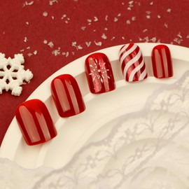Red Christmas Press on Nails Short Fake Nails Square with Candy Stripe Snowflake Designs Winter Holiday Acrylic Glue on False Nails Artificial Full Cover Stick on Nails for Women and Girls 24 Pcs