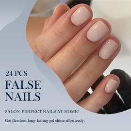 24pcs Short Square Summer Nude-Pink Press-On Nails Kit, Glossy Full-Cover Acrylic False Nails with Glue, French Pure-Color Stick-On Tips for Women & Girls, Art Decorations