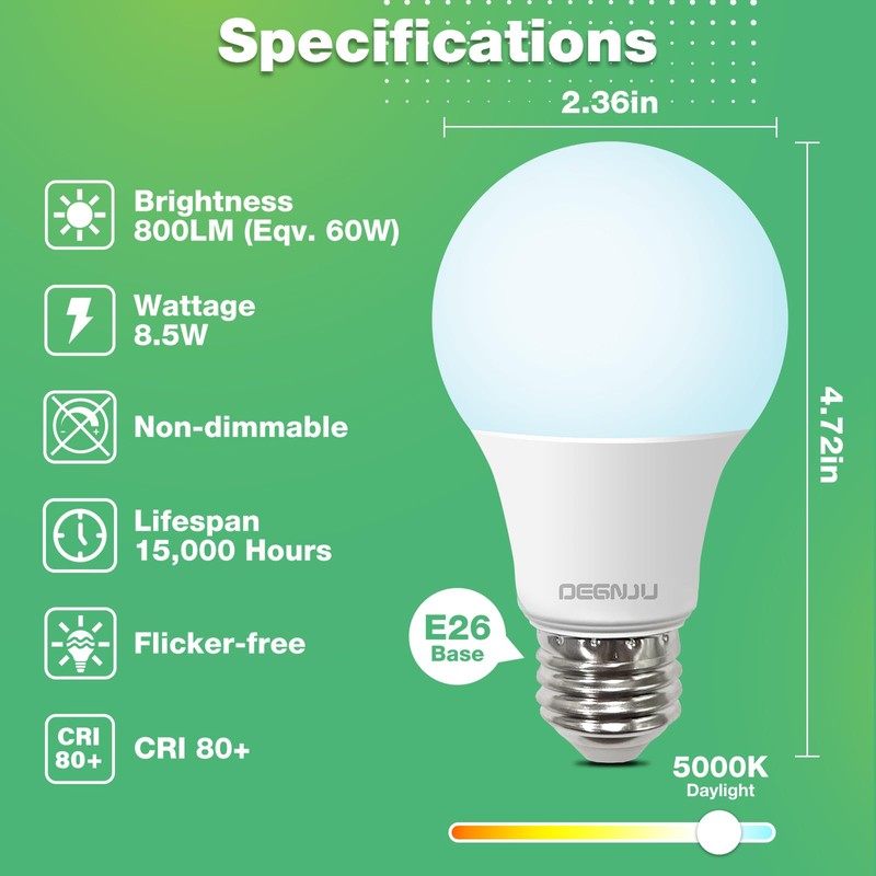DEGNJU LED Light Bulbs Daylight 5000K, 60 Watt Equivalent LED