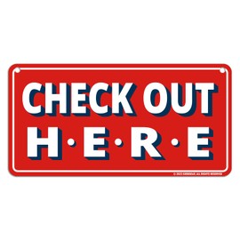 GEEKBEAR Check Out Here Sign Hanging from Ceiling - 30cm x 15cm (Red)