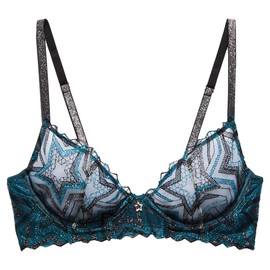 Savage X Fenty, Women's, Shining Star Embroidered Unlined Demi Bra, Wildflower Blue Starstruck Embroidery, 40DD