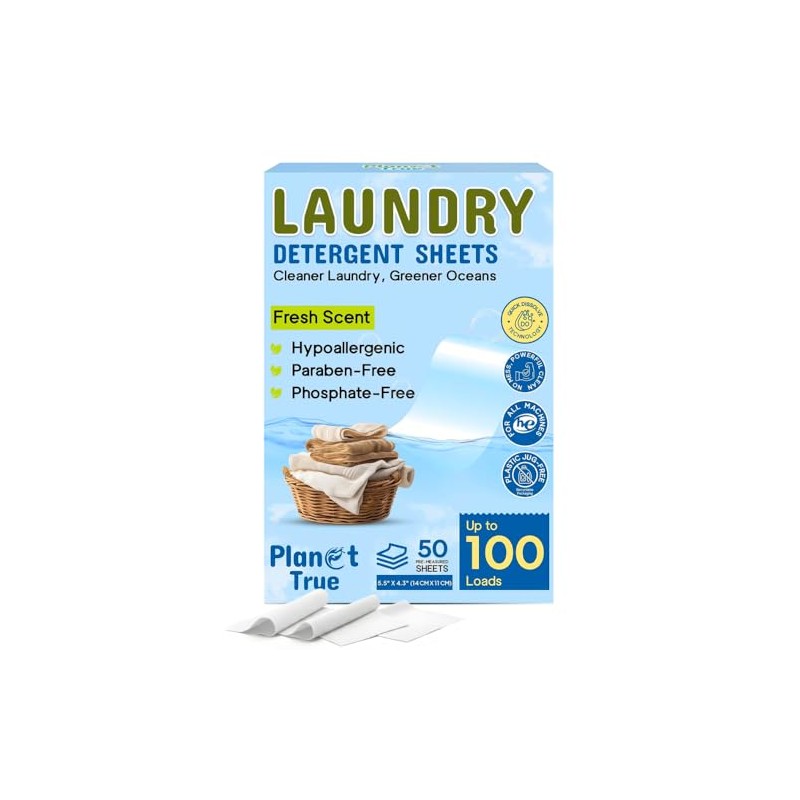 Eco-Friendly Laundry Detergent Sheets, 100 Loads (50 Sheets) Fresh Scent,
