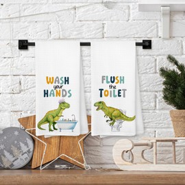 MidGid Funny Dinosaur Kids Hand Towels, Wash Your Hands Flush The Toilet Dino Bathroom Hand Towels Decorative Set, Dinosaur Gifts for Boys, Kids Toddler Boys Bathroom Decor Dish Cloths & Dish Towels