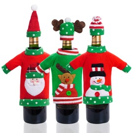 Heliltd 3pcs Cute Christmas Sweater Wine Bottle Covers with Hat, Wine Bottle Sweater Covers for Christmas Festival Party Decorations(Santa Claus, Reindeer, Snowman)