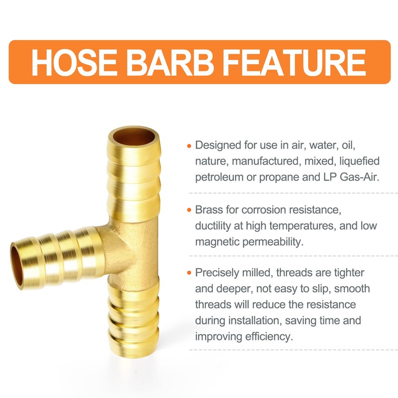 GASHER 5 pcs Brass Hose Barb Tee, 3-Way Tee Hose
