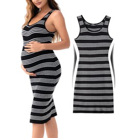 Rnxrbb Kint Summer Maternity Dress Bodycon Tank Sleeveless Pregnancy Dresses Clothes Striped,Black&White M