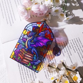 Stained Glass Dragon Bookmark with Charm, Fantasy Transparent Metal Book Mark for Reading, Purple Gothic Window Design Book Markers Dragon Lover Gifts for Women Men Kids School Office Supplies