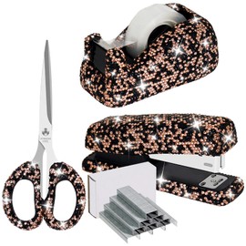 MultiBey 3pcs Bling Office Supplies Set Rhinestones Desktop Stapler and Tape Dispenser with 1000 Staples, Diamond Desktop Stapler and Bling Scissors Tape Cutter for Home School Office (Black)