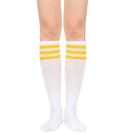 Zando Outdoor Athletic Socks for Women Soft Knee High Socks Tall Athletic Socks Stripes Tube Socks Extra Long Knee Socks Outdoor Boot Socks Elastic Knee High Stockings White Yellow One Size