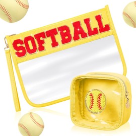 2 Pcs Softball Gifts Makeup Bag with Chenille Letter Patch,with Handles Softball PVC Waterproof Clear Makeup Bag,Portable Toiletry Storage Bag,Players & Fans Birthday, Team or Sports Lover Presents