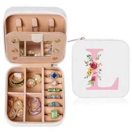 hamatata Small Jewellery Box for Women, Portable Travel Jewellery Box, PU Leather Mini Jewellery Storage for Earrings, Rings, Necklaces, Wedding Birthday Gift for Women Girls, White (L)