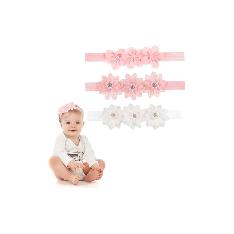 3 Diademas para Bebe Niña,moños para Bebe Rosa y Blanco