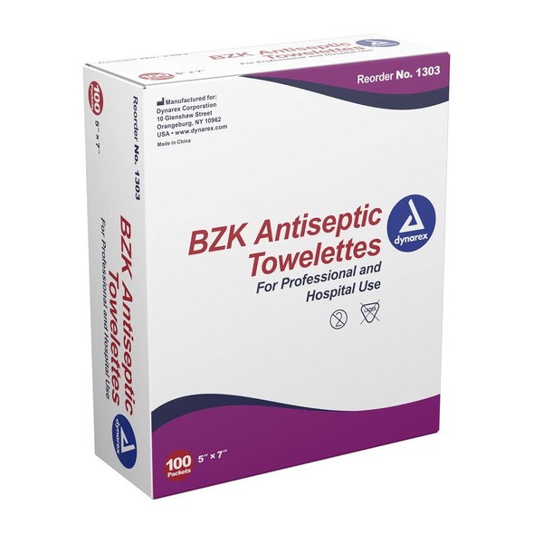 Dynarex 5" x 7" BZK Antiseptic Towelettes, First Aid Wipes, MS-60700 (100)
