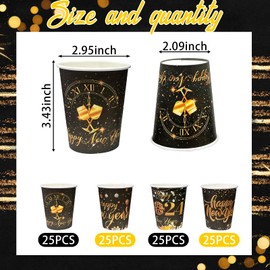 CIEOVO 100 Pcs 9oz New Year Party Paper Cups, Disposable Black Gold New Year's Eve Party Cups for Happy New Year's Eve Holiday Party Daily Use Coffee Cold Hot Drinks