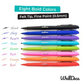 WallDeca Felt Tip Pens, Fine Point (0.5mm), Assorted Rainbow Colors, 8 Count | Made for Everyday Writing, Journals, Notes and Doodling (8-Pack)