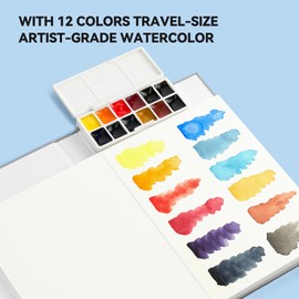 Paul Rubens Travel Watercolour Sketchbook, 24 Sheets 140lb/300g/m² 100% Cotton Acid-free Hot-Press Watercolour Journal with Glitter Effect (13.5 x 9.7 cm), Includes 12-Piece Travel Artist Watercolour