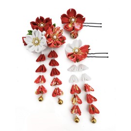 JZOON Handmade Hair Ornaments, 3-Piece Set, Coming-Of-Age Ceremony, Shichi-Go-San, Yukata, Hakama, Kimono, Furisode, Tsumami Craft, With Bell, Red, Blue, Purple, Pink, Chrysanthemum, Sakura, Butterfly, 12 Selections in 4 Colors, Red C