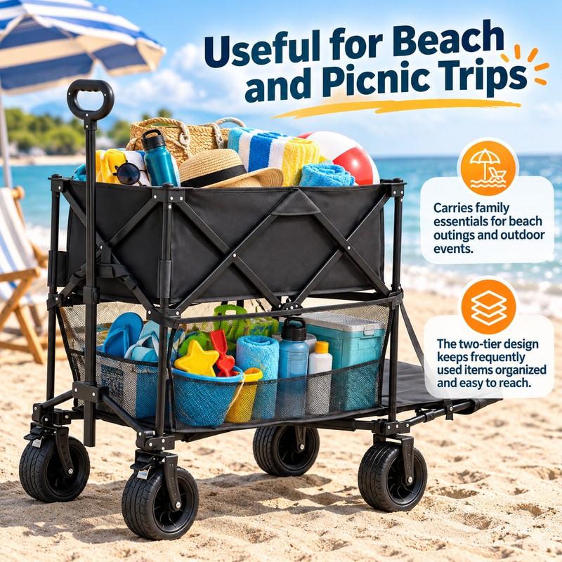 2-Tier Folding Utility Wagon for Outdoor Transport - 220 lb