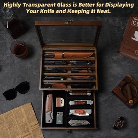 Knife Display Case Knife Collection Display Holder with Glass Lid, 2-Layer Wooden Pocket Knife Case with Drawers