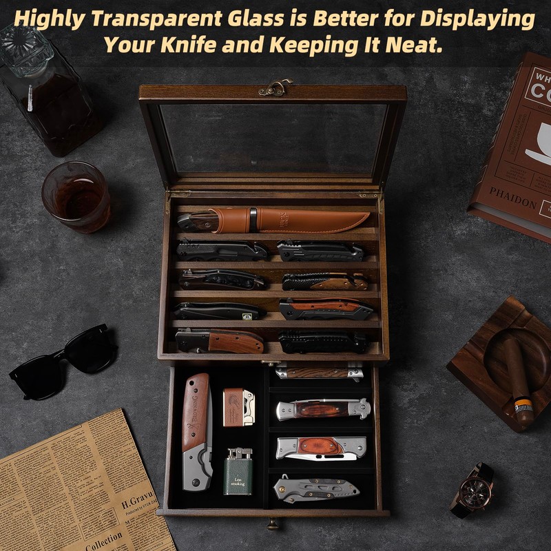 Knife Display Case Knife Collection Display Holder with Glass Lid,