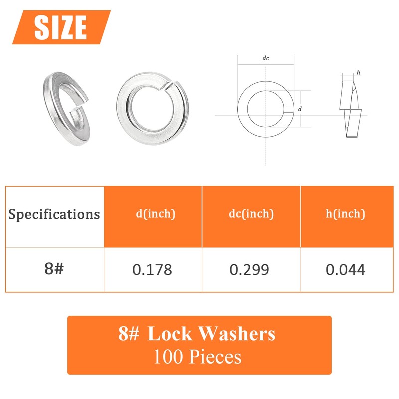 HELIFOUNER 100 Pieces 8# Stainless Steel Split Lock Washers, Spring