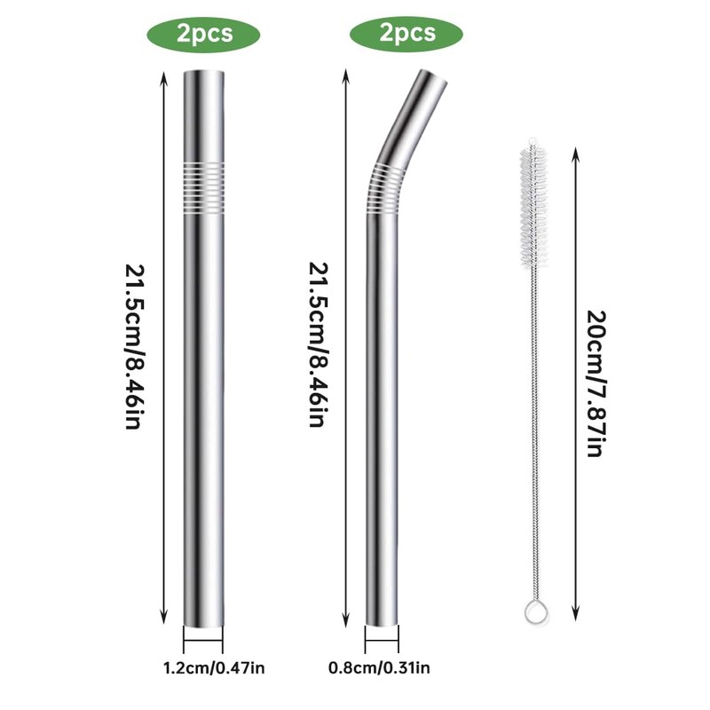 4-Pack Stainless Steel Straws, 12mm&8mm Extra Wide Reusable Metal Smoothie/Milkshake