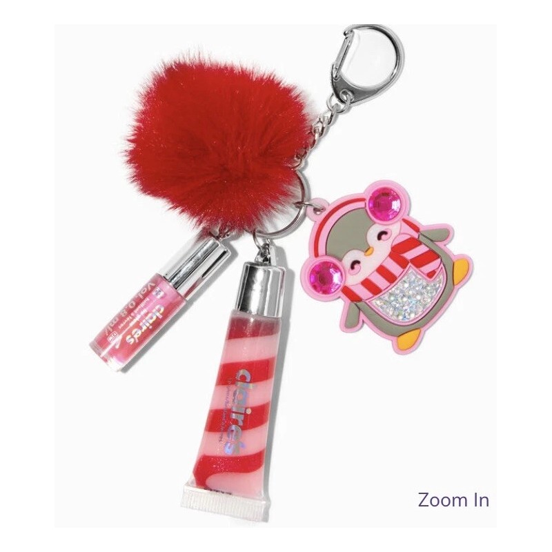 Claire’s Pink Red Rhinestone Penguin lipgloss keychain backpack bag clip