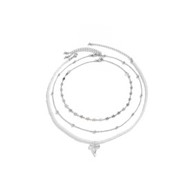 Women’s Aesthetic 3-Piece Silver Layered Pearl Necklace Set – Silver Star Choker, Dainty Chain, Balletcore Bow Pendant, Y2K Coquette Jewelry