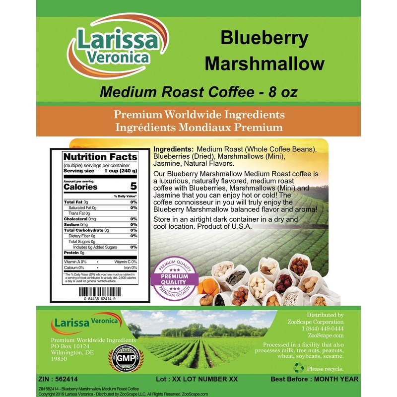 Blueberry Marshmallow Medium Roast Coffee (Gourmet, Naturally Flavored, Whole Coffee