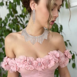 EVER FAITH Rhinestone Tassel Jewellery Set, Sparkling Crystal Fringe Chain Tassel Choker Necklace Chandelier Earrings Set, Crystal, Rhinestone