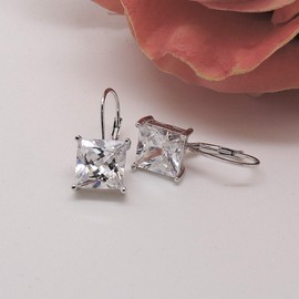 Mia Princess Cut Solitaire Earrings for Women by Ginger Lyne | 8mm 4 Ct Cubic Zirconia Drop Ear Rings for Her | Sterling Silver Bridal or All Occasion Jewelry for Wife or Girlfriend