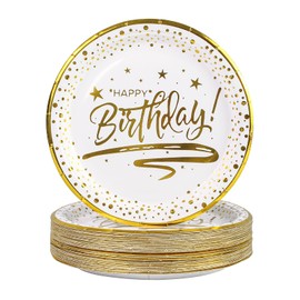 DHAIQC Paper Plates, White Gold, Pack of 50, Paper Plates, Birthday Party Plates, 18 cm, White with Gold Rim, Disposable Plates, Paper Plates, Children's Birthday Party Tableware (Birthday White, 18