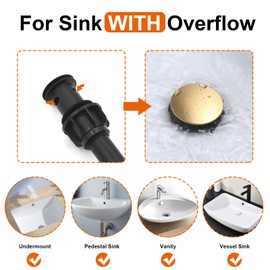 RUITHOE Bathroom Sink Drain with Overflow, Bathroom Sink Stopper for Bathroom Vanity Vessel Sink, Rapid Draining Plastic Pop Up Drain with Hair Catcher Anti-Clog Strainer, Brushed Gold