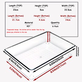 Kriovoa Desk Drawer Organiser, 6 Pack Large Kitchen Acrylic Drawer Organiser Set, Fridge Organiser Clear Plastic Storage Boxes Divider For Utensils, Makeup, Bedroom, Office.