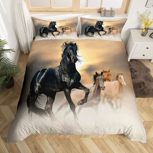 2Pcs Horse Bedding Set Twin Size Bedding Duvet Cover Horse Printed Quilt Cover 3D Animal Printed Quilt Cover for Adult Teens Kids Comforter Cover Soft Lightweight Duvet Cover Set