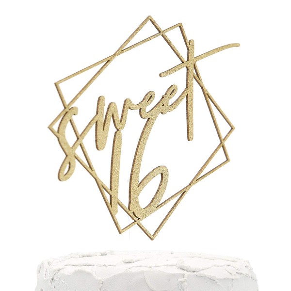NANASUKO 16th Birthday Cake Topper - Sweet 16 - with Modern Geometric Frame - Double Sided Gold Glitter - Premium Quality Made in USA