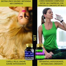 Set di integratori capelli pelle unghie + depurativo antiossidante | biotina zinco seleniometionina 400 compresse + cardo mariano complesso detox 100 compresse | senza glutine