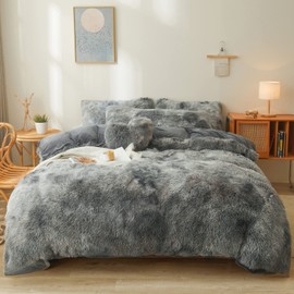 FOPPA Tie Dye Dark Gray Fuzzy Comforter Queen Size, Cozy Faux Fur 3pcs Set (1 Shaggy Comforter + 2 Fur Pillow Cases) Quilted Plush Bedding