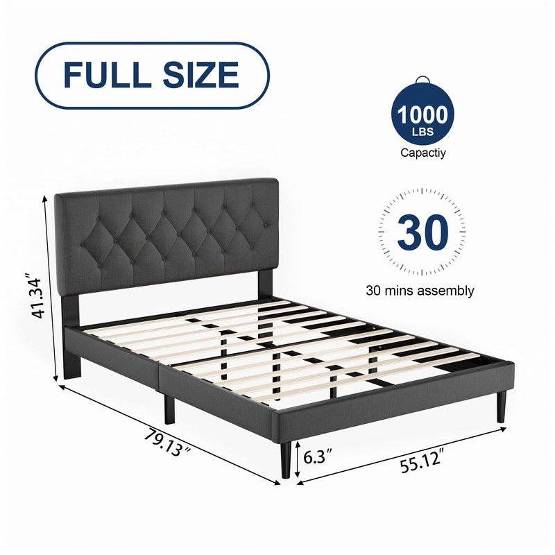 Full Size Platform Bed Frame with Upholstered Headboard, Button Tufted