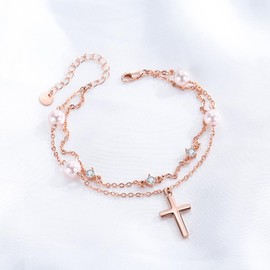 Raymos Cross Bracelet Sterling Silver Faith Cross Bracelet Dainty Rose Gold Freshwater Pearls Bracelets Christian Religious Confirmation Jewellery Gifts, Silver