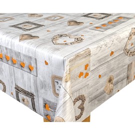 Karina Home Orange on Grey Wood Effect Love Hearts Wipe Clean Tablecloth Vinyl PVC Table Cover Wipeable Table Cloth (Orange, 180cm x 140cm)