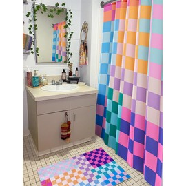 RoomTalks Multicolored Checkered Retro Fabric Shower Curtain for Bathroom Extra Long 72 Inches Length, Bright Rainbow Colorful Modern Simple Groovy Aesthetic Shower Curtain Set with Hooks