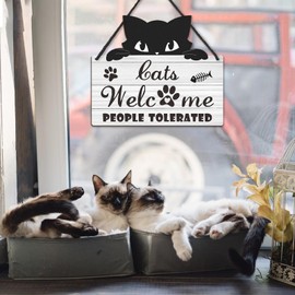Cats Welcome People Tolerated - Cat Gift for Cat Lover, Cat Gift for Pet Shop Home Decor, Cat Mom, Wooden Hanging Cat Wall Decor