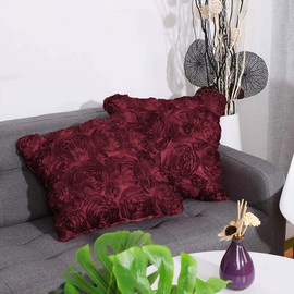 PiccoCasa Pack of 2 3D Stereo Satin Rose Cushion Covers, Decorative Throw Pillow Cases for Sofa Bedroom Car - 40x40cm/16x16in Red Burgundy Square Pillow Covers with Zipper