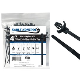 Kable Kontrol Winged Push Mount Cable Ties Nylon, 4 Inch 100 Pcs, 18 Lbs Tensile Strength, Self-Locking Zip Ties UV & Chemical Resistant Ideal for Indoor, Outdoor, and Industrial Use - Black