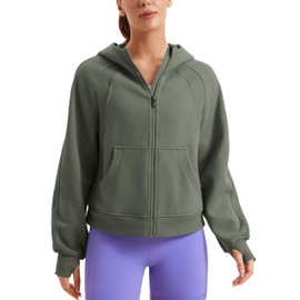 CRZ YOGA Womens Fleece Lined Full Zip Hoodies Oversized Long Sleeve Casual Workout Hooded Sweatshirt with Thumb Holes Light Army Green X-Small